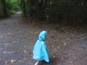 Toddler wearing Roo Rain Gear RPET poncho on a hike 