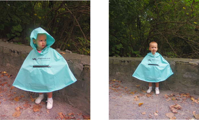 Toddler wearing Roo Rain Gear poncho with hood